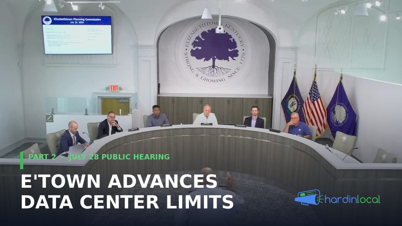 The Elizabethtown Planning Commission seated at the dais during the July 28, 2026 public hearing on data center zoning rules
