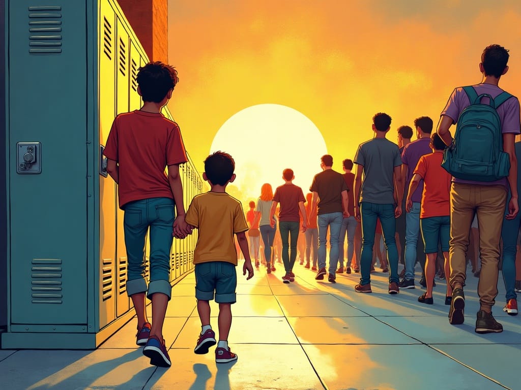 Comic panel of one kid walking over to stand beside another kid at a locker while a crowd walks away