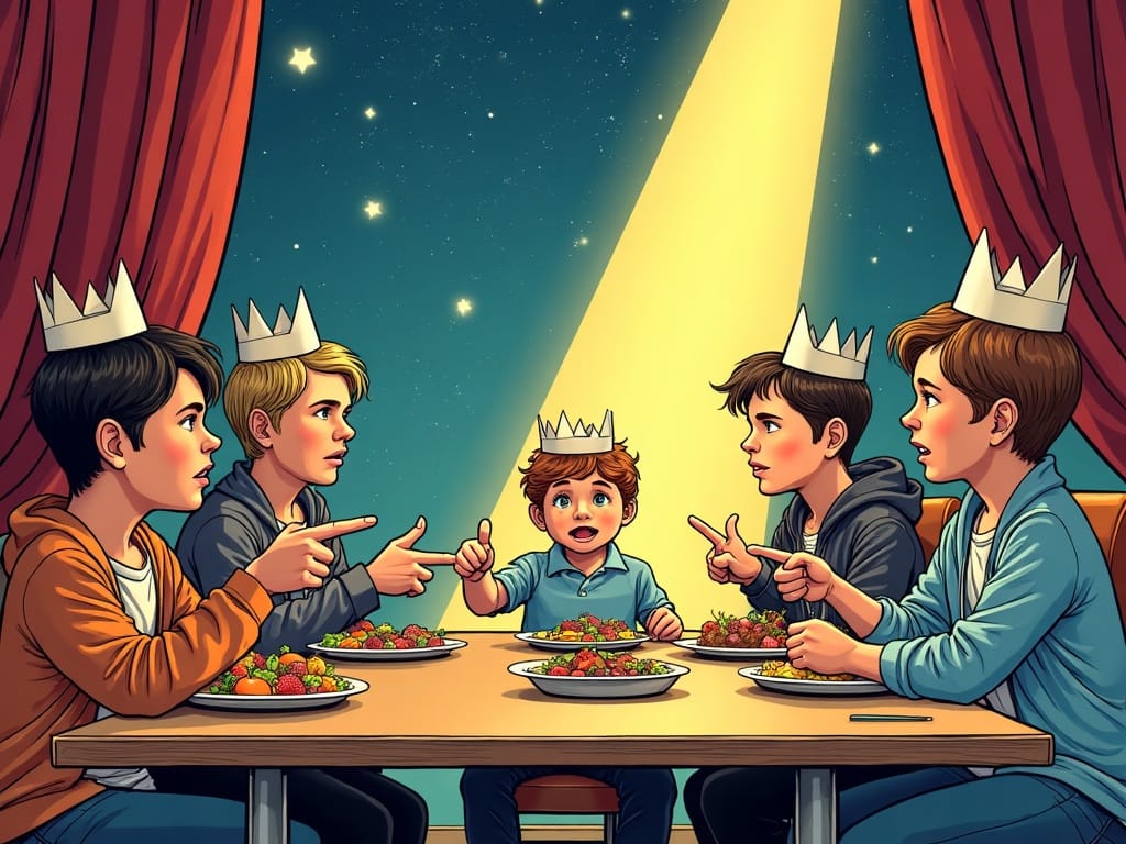 Comic panel of kids in paper crowns at a cafeteria table pointing at a nervous kid holding a tray