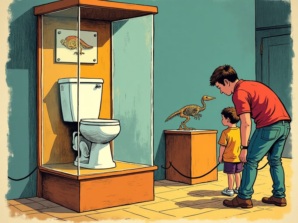 Comic panel of a museum exhibit showing a toilet in a glass case next to a dodo skeleton