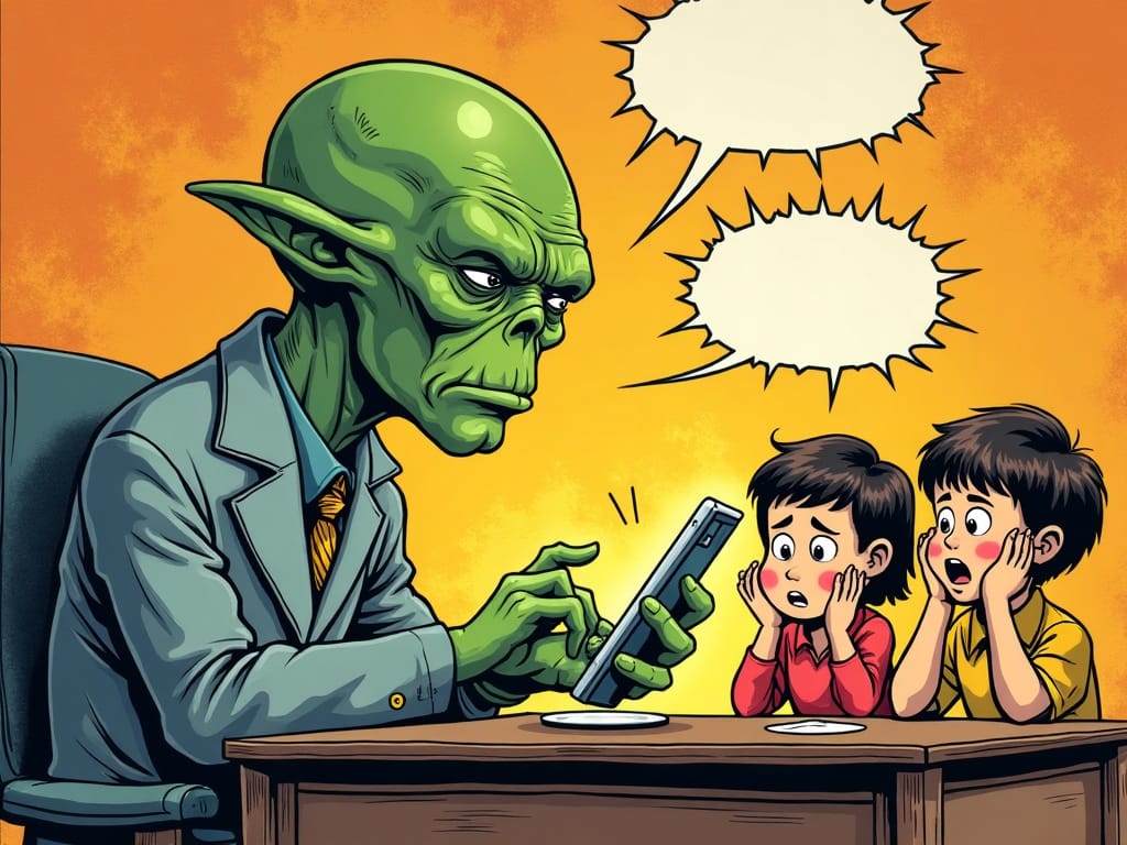 Comic panel of a green alien bureaucrat typing on a smartphone while two kids wince