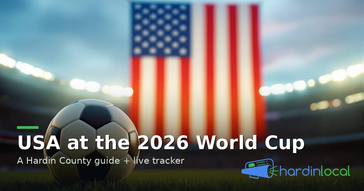 A soccer ball on a stadium pitch with an American flag in the background — Hardin Local 2026 World Cup coverage