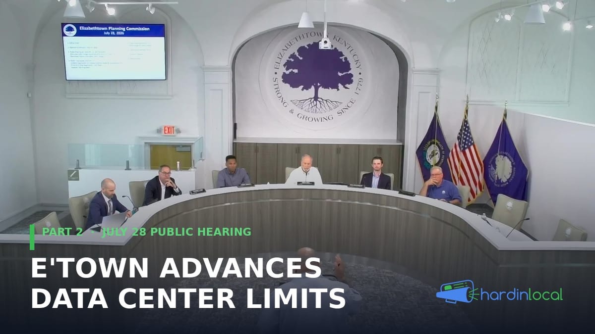 The Elizabethtown Planning Commission seated at the dais during the July 28, 2026 public hearing on data center zoning rules