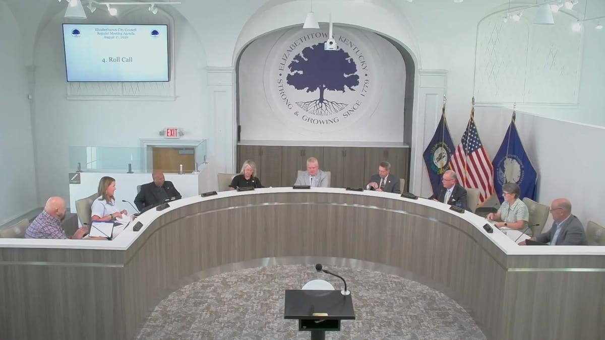 The full Elizabethtown City Council seated at the dais during roll call at the August 17, 2026 regular meeting