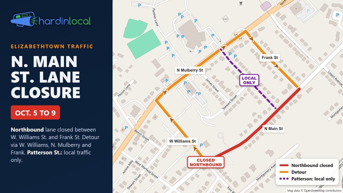 Map of the N. Main St. lane closure in Elizabethtown: closed northbound lane in red, orange detour via W. Williams, N. Mulberry and Frank St.
