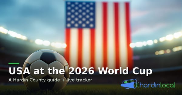 A soccer ball on a stadium pitch with an American flag in the background — Hardin Local 2026 World Cup coverage
