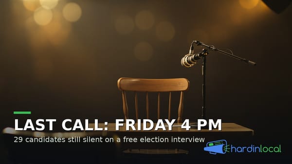 Empty interview chair with a microphone pointed at it. Last call: candidate interview registration closes Friday at 4 PM.