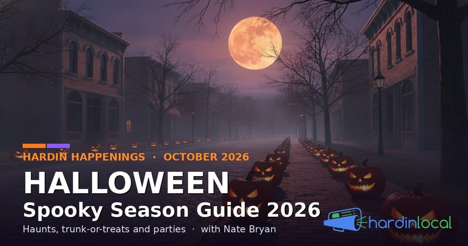 Hardin Local Halloween Guide 2026: jack-o-lanterns lining a hometown street under a full moon